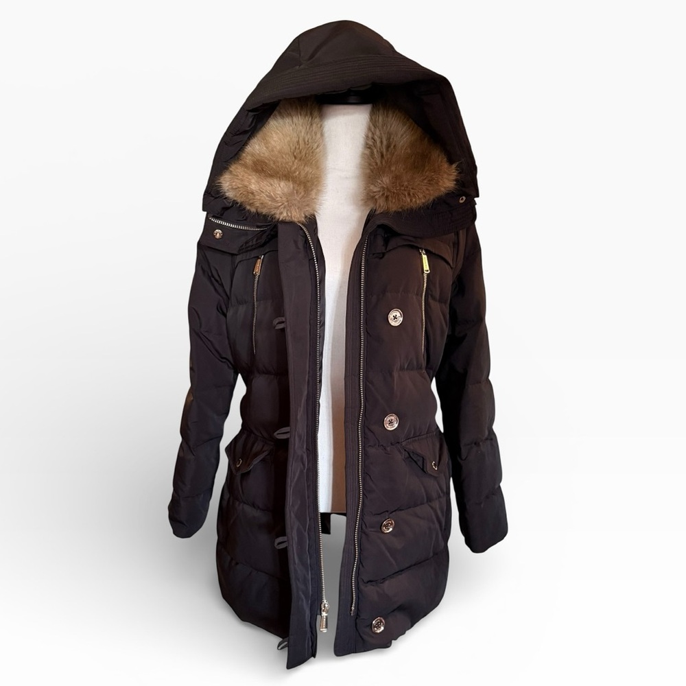 Michael Kors Black Belted Down Puffer Coat Fur Trim Hood Gold Hardware Large